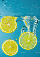 Fresh lemon slices splashing into clear water