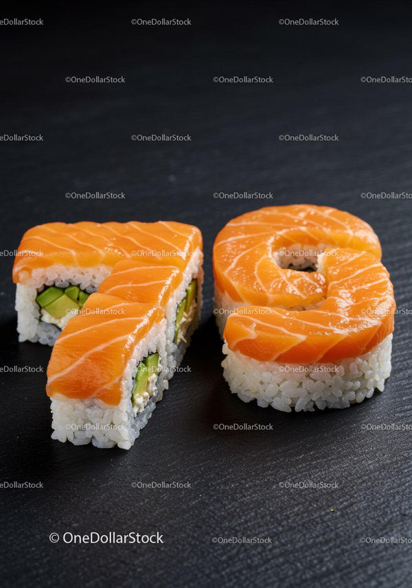 Fresh salmon sushi rolls on dark textured background