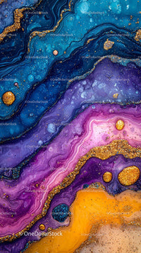 Colorful Fluid Abstract Art with Gold Accents in Vibrant Marbling