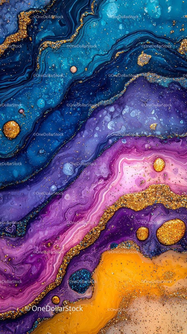 Colorful Fluid Abstract Art with Gold Accents in Vibrant Marbling