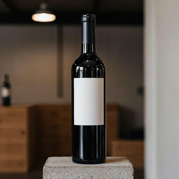 Elegant dark wine bottle with blank label on stone JPG Mockup Image
