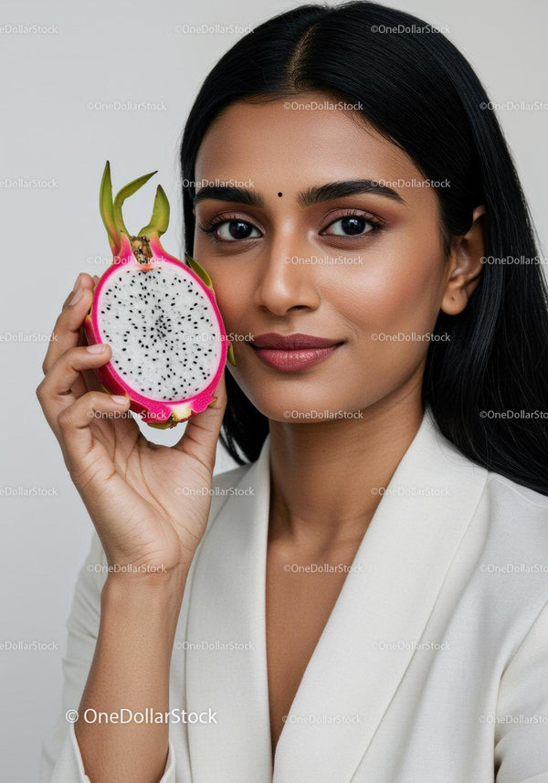 Vibrant Woman with Fresh Dragon Fruit in Modern Studio Setting