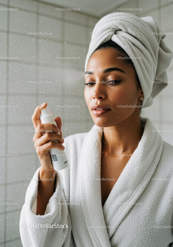 Woman applying facial mist in white bathrobe and towel