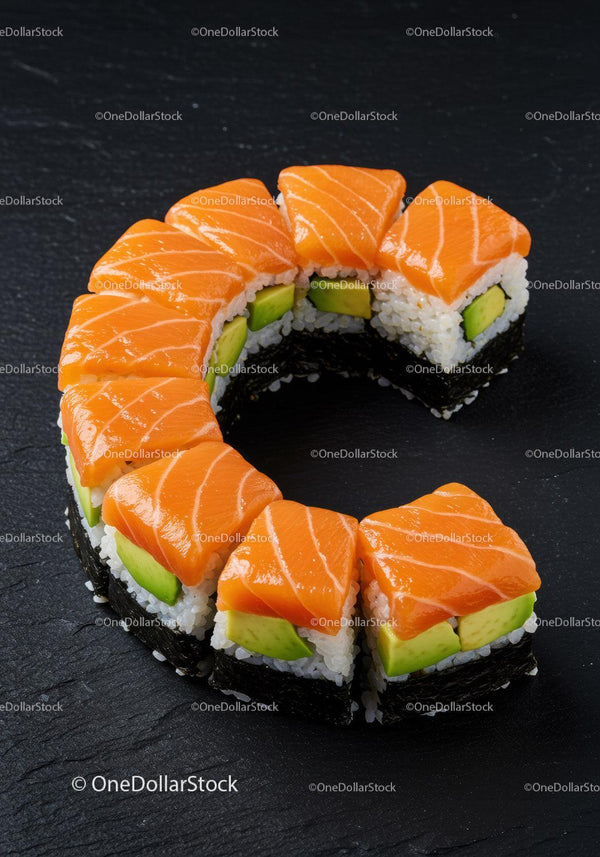 Fresh salmon avocado sushi rolls on black slate plate