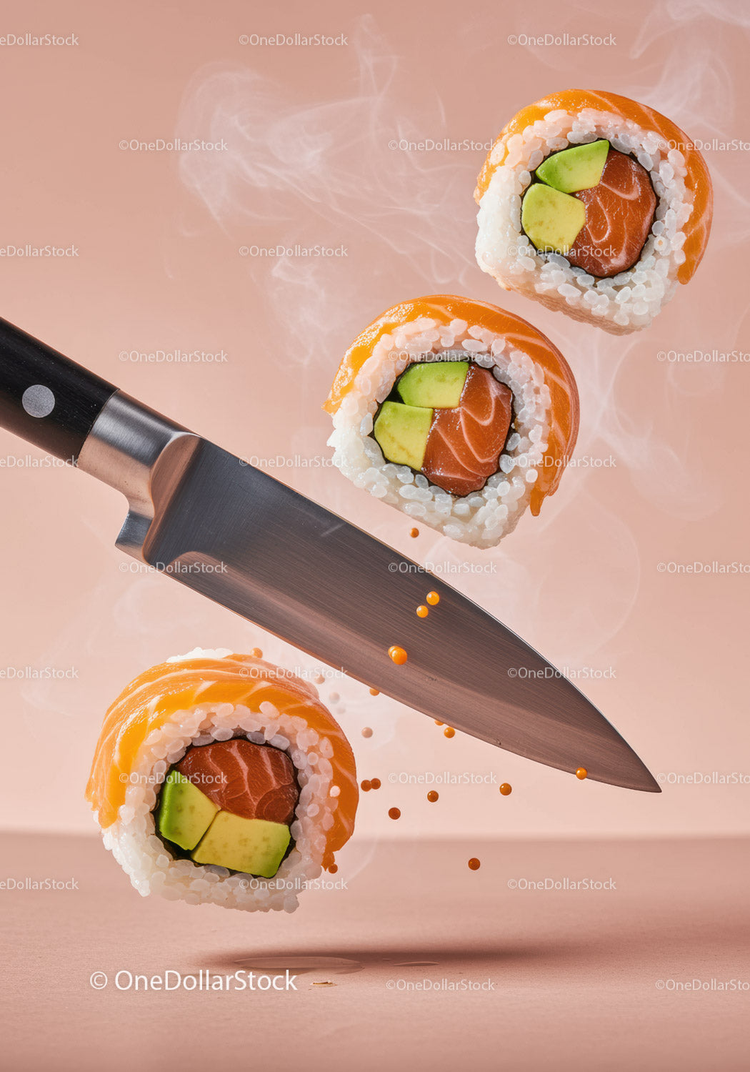 Fresh sushi rolls with avocado and salmon close up
