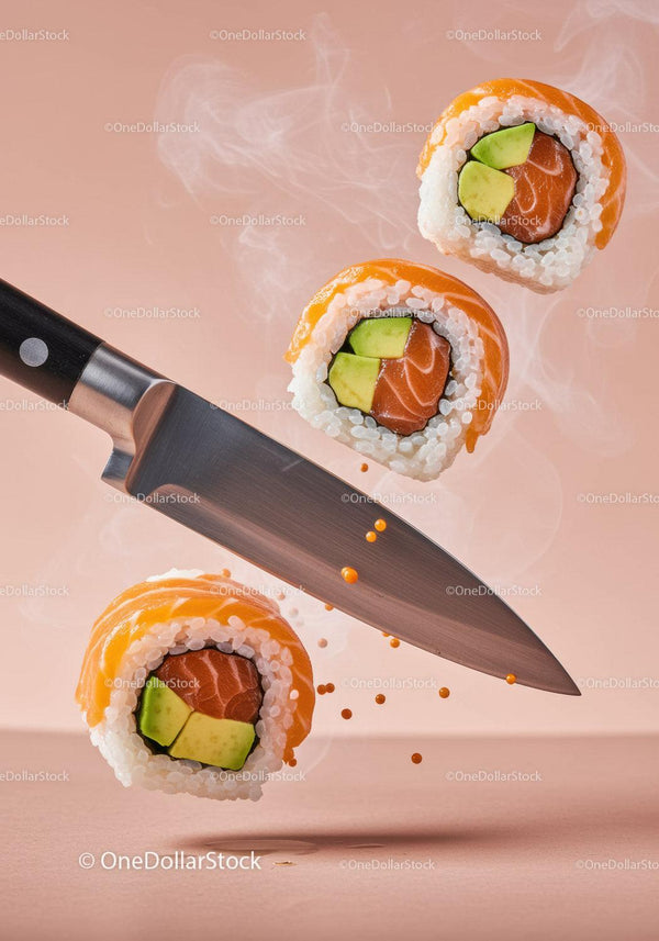 Fresh sushi rolls with avocado and salmon close up