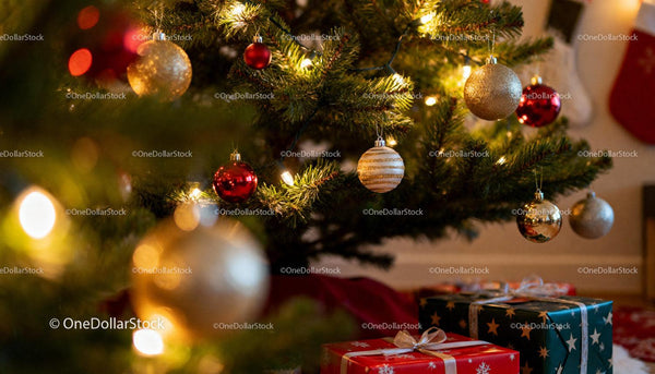 Festive Christmas Tree Decorated with Ornaments and Gifts