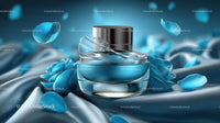 Luxury Blue Cosmetic Jar Surrounded by Elegant Floral Accents