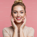 Bright Smiling Woman with Clear Skin in Beautiful Pink Background