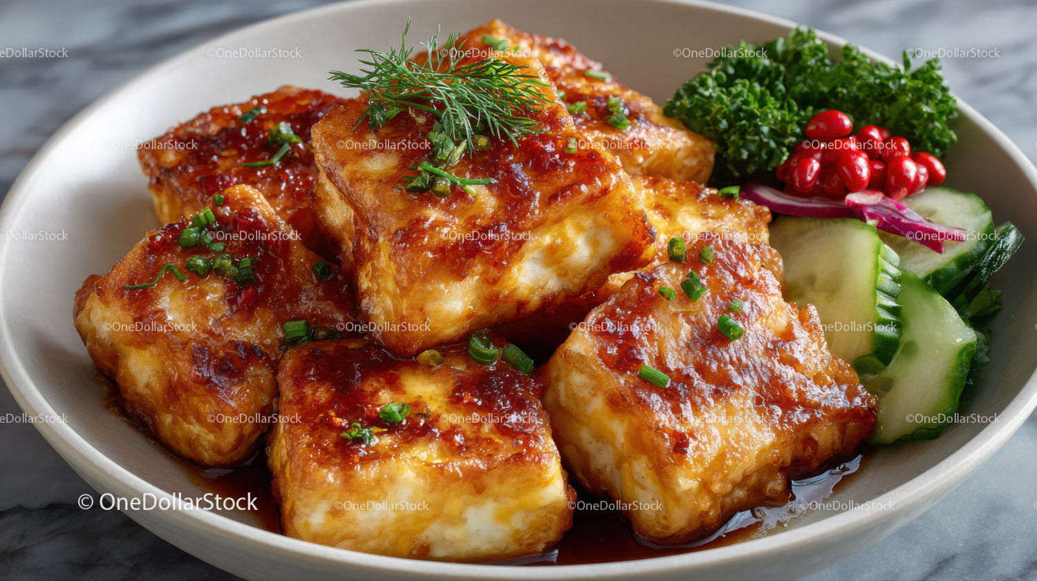 Spicy Fried Tofu with Fresh Herbs and Vegetable Garnishes