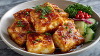 Spicy Fried Tofu with Fresh Herbs and Vegetable Garnishes