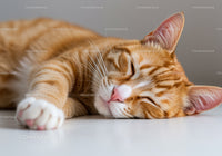 Peaceful orange tabby cat sleeping on white surface