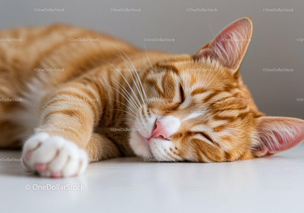 Peaceful orange tabby cat sleeping on white surface