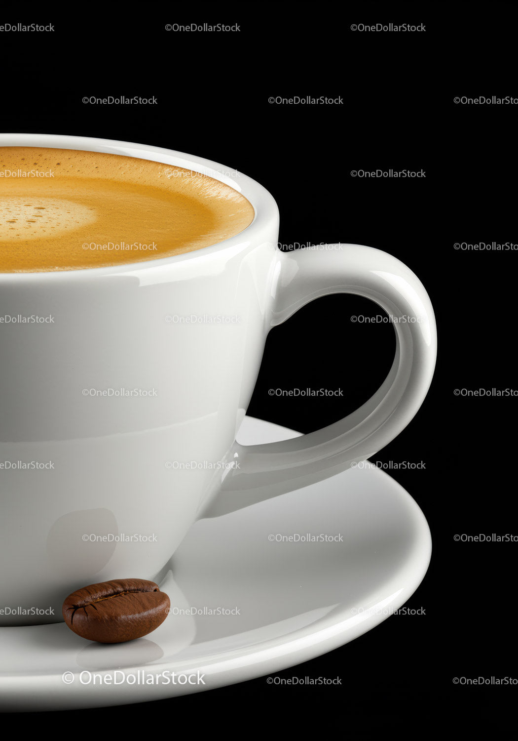 Close up of cappuccino cup with coffee bean on saucer