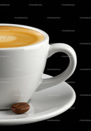Close up of cappuccino cup with coffee bean on saucer
