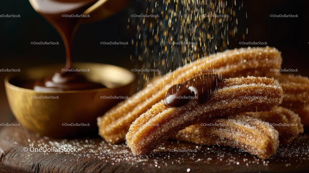 Churros with Chocolate Dipping Sauce on Rustic Wooden Surface