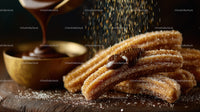 Churros with Chocolate Dipping Sauce on Rustic Wooden Surface