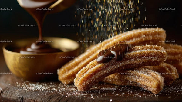 Churros z czekoladowym sosem do maczania na rustykalnej drewnianej powierzchni