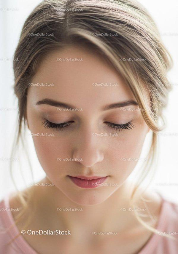 Close-Up of Young Woman with Blonde Hair and Serene Expression