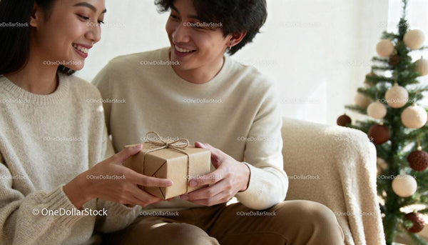 Young couple exchanging gifts by Christmas tree