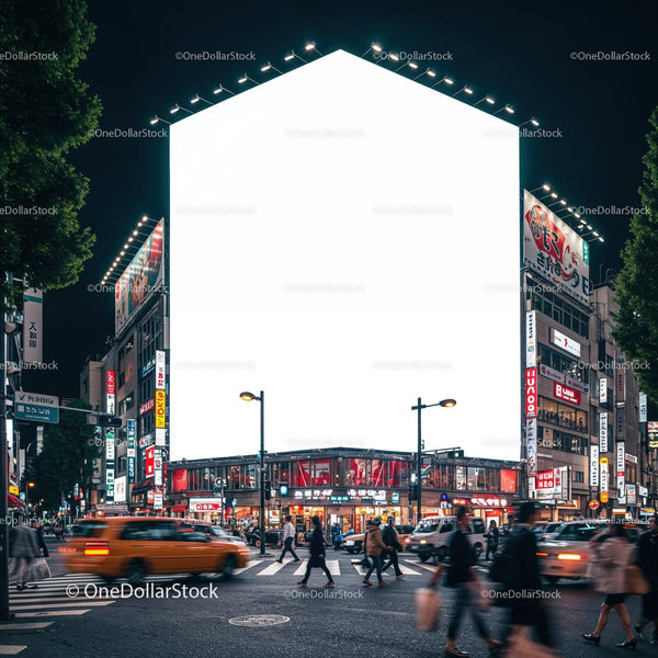 Busy urban crosswalk in illuminated city at night JPG Mockup Image