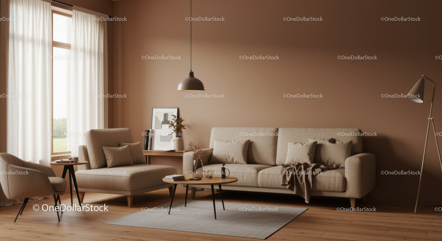 Nowoczesny salon z beżową sofą i przytulnym wystrojem