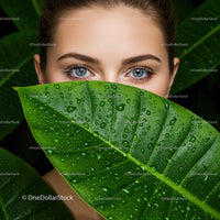 Close-Up of Woman with Bright Blue Eyes Behind Dewy Green Leaf in Tropical Jungle