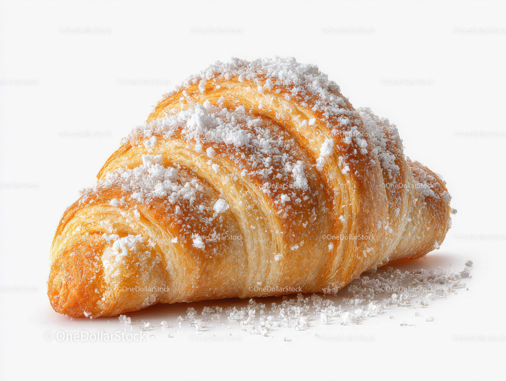 Golden Croissant with Powdered Sugar on White Background