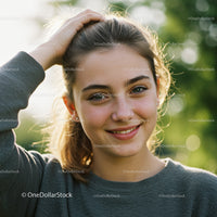 Young Woman Smiling Outdoors with Sunny Background in Casual Grey Sweater