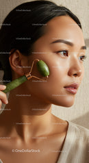 Close-up of Elegant Woman Performing Skincare Routine with Jade Roller