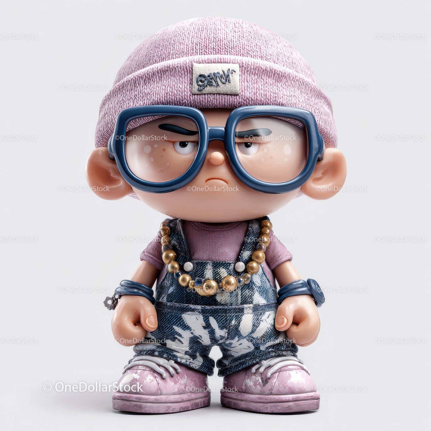 Fashionable Cartoon Girl with Pink Beanie and Large Glasses in Casual Outfit
