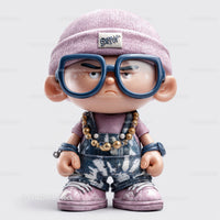 Fashionable Cartoon Girl with Pink Beanie and Large Glasses in Casual Outfit