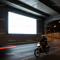 Motorcyclist riding through dimly lit urban tunnel