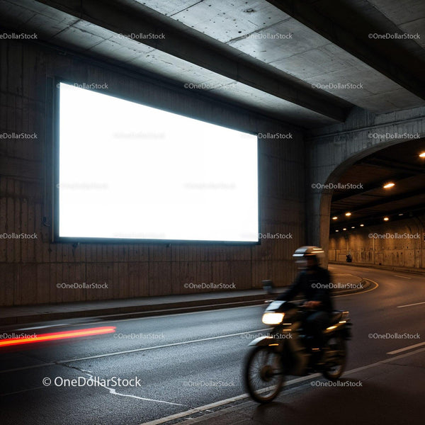 Motorcyclist riding through dimly lit urban tunnel JPG Mockup Image