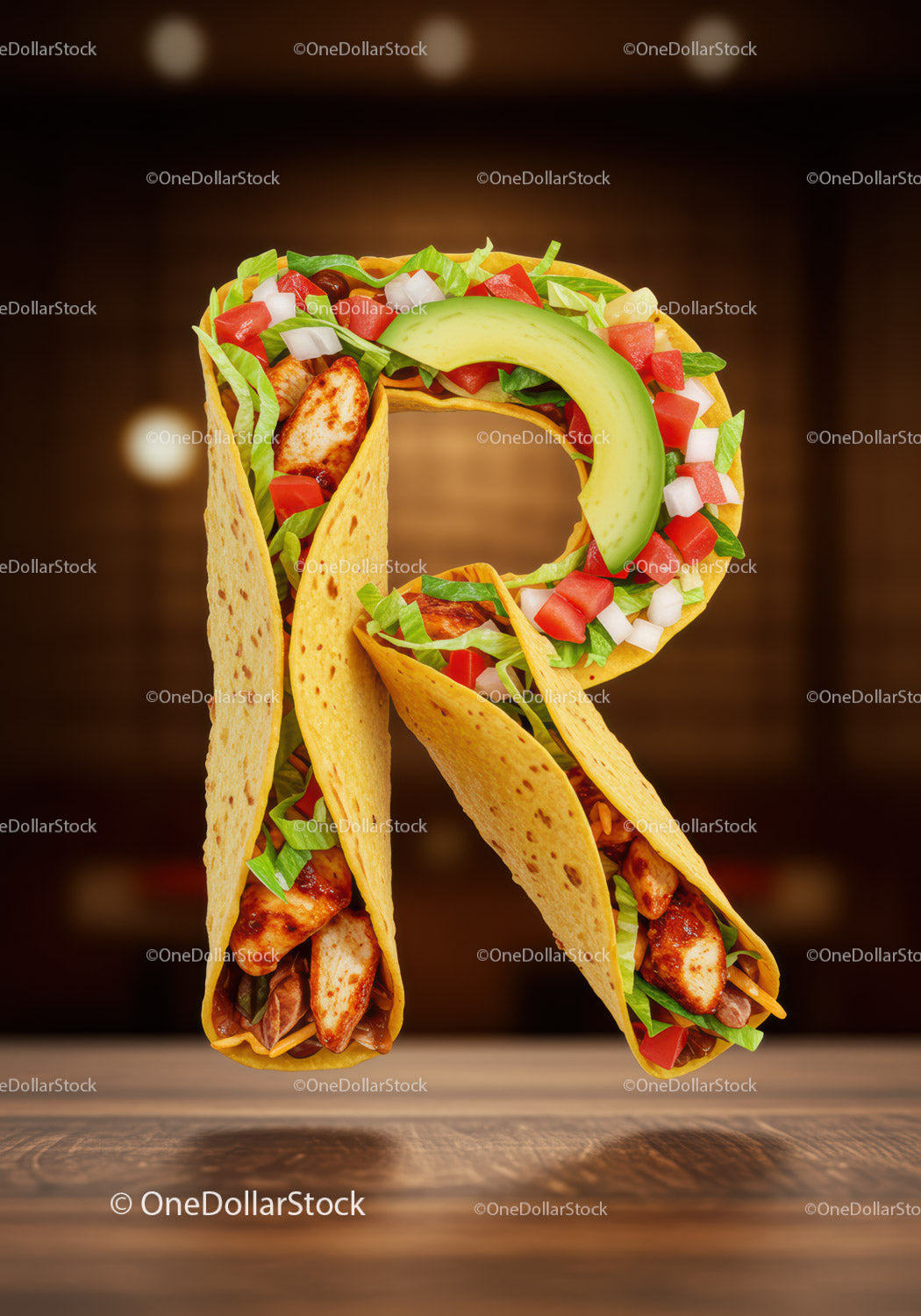Litera R wykonana ze smacznych tacos z kurczakiem i świeżymi warzywami