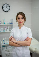Confident Female Doctor Standing in Medical Clinic with Crossed Arms
