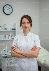 Confident Female Doctor Standing in Medical Clinic with Crossed Arms