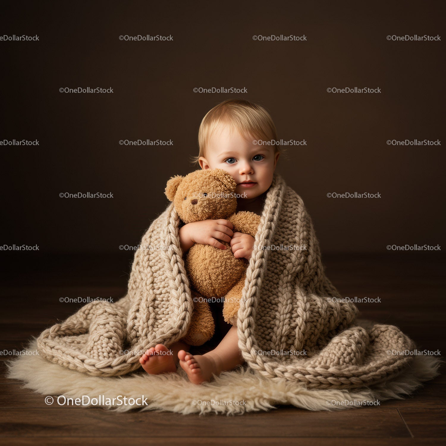 Toddler wrapped in cozy blanket holding teddy bear