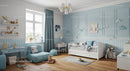 Bright Blue Nursery Room with Plush Toys and Cloud Wall Decor