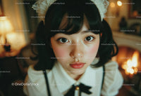 Portrait of a Young Woman with Large Eyes and Vintage Style in Cozy Setting