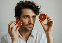 Young Man Holding Juicy Red Grapefruit Halves in Bright Indoor Setting