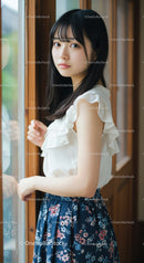 Woman in Ruffled White Top and Floral Skirt by Window in Indoor Setting