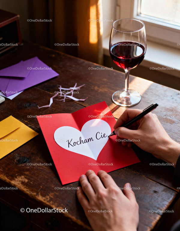 Handwriting a Love Note on Red Heart Card Near Wine Glass