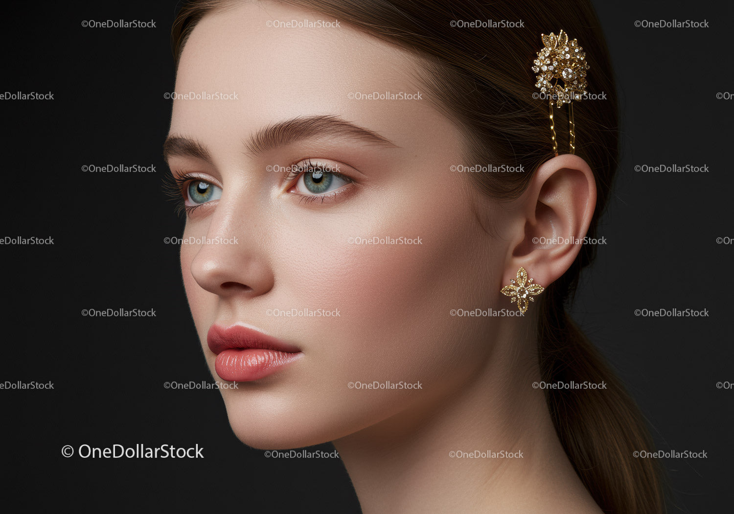 Elegant Woman with Gold Jewelry and Stylish Hair Accessories