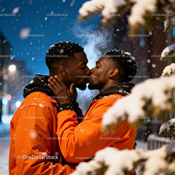 Couple sharing a warm kiss on snowy winter night