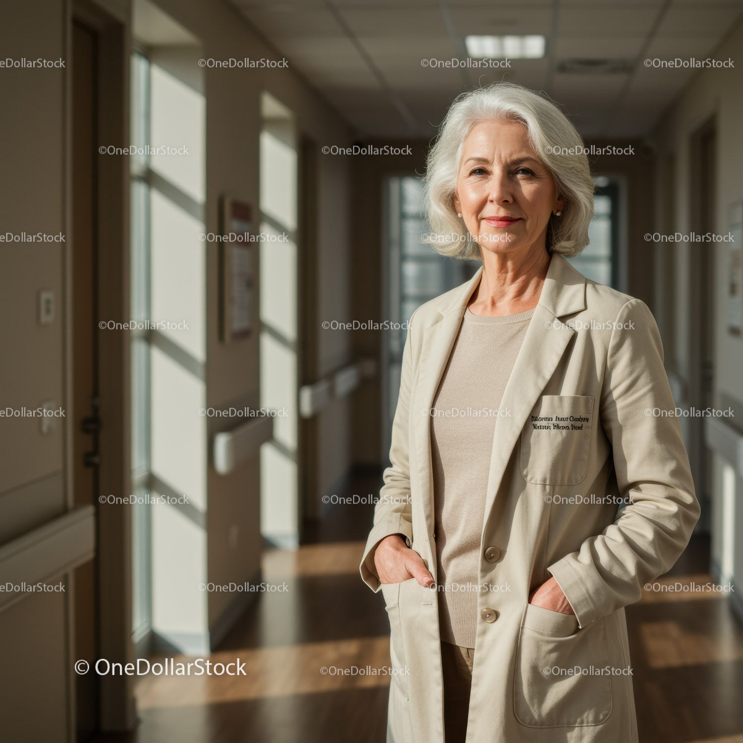 Starszy pracownik służby zdrowia na korytarzu szpitalnym z pewnością siebie