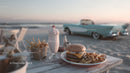 Beachside Cafe with Burger Fries Milkshake and Classic Car at Sunset