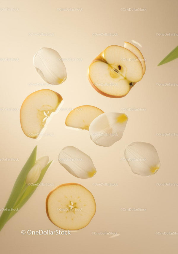 Floating apple slices and white tulip petals on soft beige