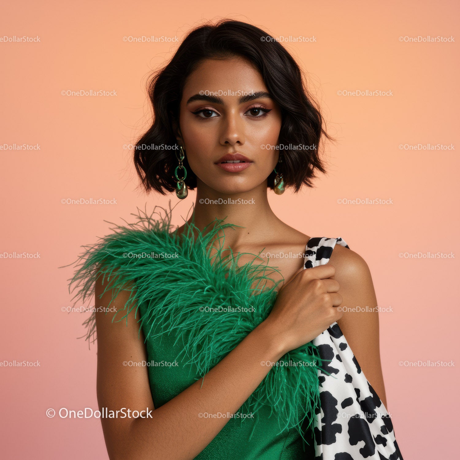 Elegant Woman in Green Dress with Stylish Accessories and Short Hair
