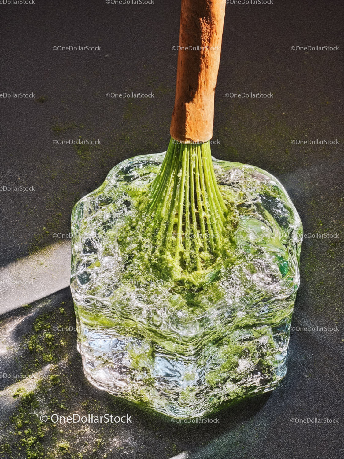 Zielony proszek matcha ubijany w przezroczystej szklanej misce Buncheong